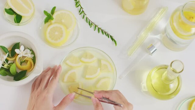 Scientist doing research on yellow lemon extract in petri dish beaker green leaf and flower in white background laboratory , plant and nature research content
