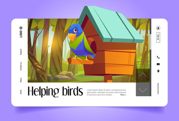 Helping birds cartoon landing page. Cute birdie sitting on wooden perch of birdhouse in summer forest or park. Animal wildlife, home, feeder or nest crafts, nature protection, Vector web banner