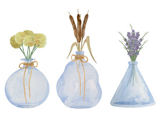 Watercolor set of three blue glass vase with rope twine with dry grass pampas in