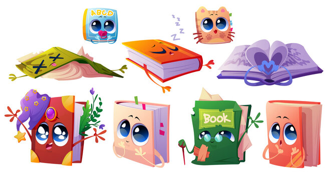 Set of cartoon books, cute characters with torn pages and patches, herbalist or witch spellbook in hat and herbs, alphabet for kids, funny personages tired, sleeping, emoticons, Vector illustration