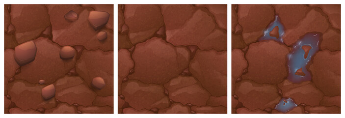 Game textures cracked soil, deserted red martian land. Dry dead earth and water puddles seamless patterns top view. Cartoon textured abandoned dirt surface 3d backgrounds, graphic ui vector layers set