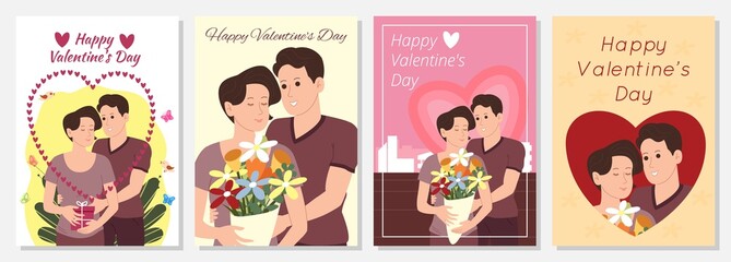 Happy Valentine's Day set of cards, posters, postcards with the image of a happy romantic couple in love in A4 format.