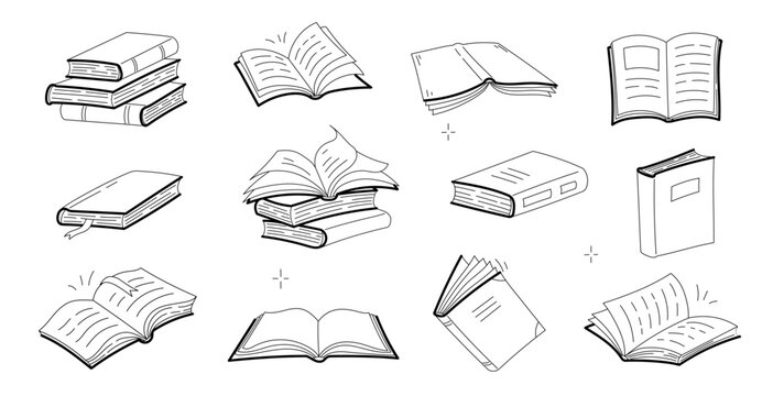 Sketches of open and closed books, stack of textbooks, dictionary or novels with blank covers. Vector doodle icons of literature for library, store, university or school isolated on white background
