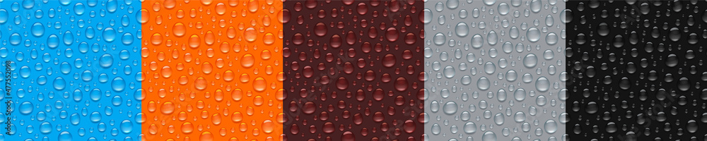 Poster textures of water drops on colored background. vector realistic seamless patterns of condensation of