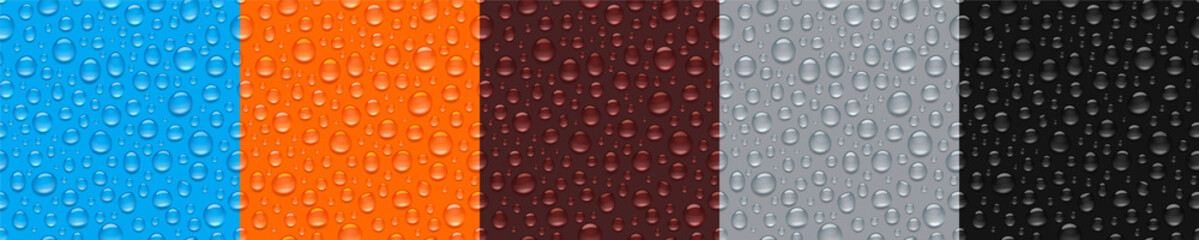 Textures of water drops on colored background. Vector realistic seamless patterns of condensation of steam and vapor on glass, wet surface with clear aqua droplets from dew or rain