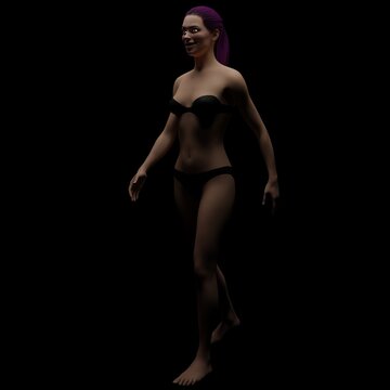 Revealed skinny woman body in lingerie and long colored hair and ponytail, 3D illustration on dark background