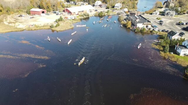 Aerial view of rowing race at Head of the Weir River in Hull and Hingham, Massachusetts. USA.