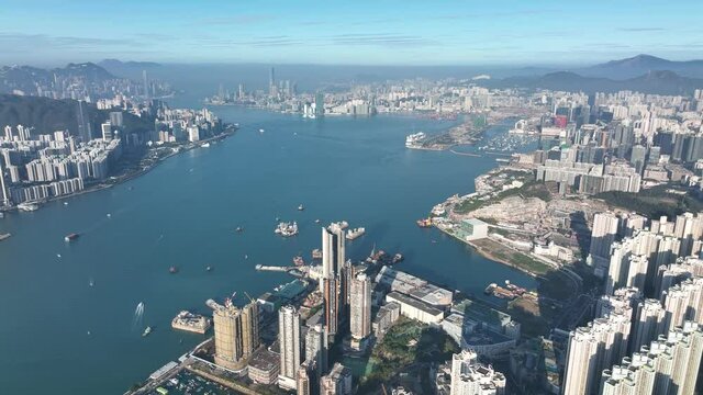 4K aerial wide angle view of Hong Kong City 
