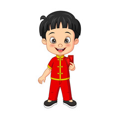 Cartoon happy chinese boy holding a envelope