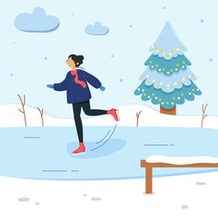 Christmas illustration girl ice skating on lake. Vector illustration