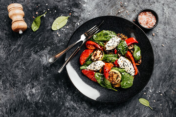 Salad grilled varieties of vegetables with Feta cheese and spinach leaves. banner, menu, recipe place for text, top view