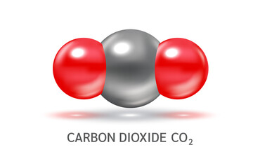 Carbon Dioxide CO2 molecule models grey and chemical formulas scientific. Ecology and biochemistry concept. Air pollution emissions contamination with industrial pipes. Isolated spheres 3D Vector.