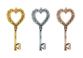 Set of vintage openwork heart shaped keys. Valentine's day watercolor clipart. Isolated clipart element on white background.