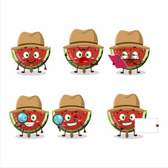Detective watermelon gummy candy cute cartoon character holding magnifying glass