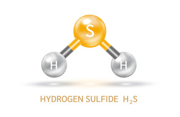 Hydrogen Sulfide H2S molecule models grey and chemical formulas scientific. Ecology and biochemistry concept. Air pollution emissions contamination with industrial pipes. Isolated spheres 3D Vector. - obrazy, fototapety, plakaty