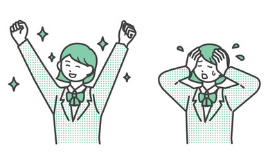 ガッツポーズと悩んでいる学生の女の子のイラスト素材セット