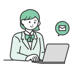 PCを操作してメールを送信する学生の女の子のイラスト素材