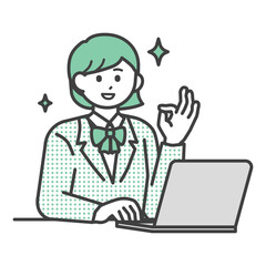 パソコンを操作してOKのポーズをとる学生の女の子のイラスト素材