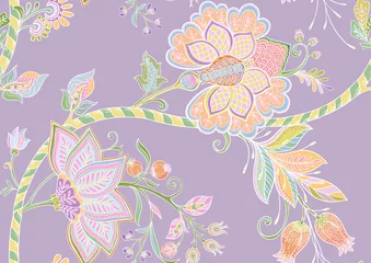 Schilderijen op glas Seamless pattern with stylized ornamental flowers in retro, vintage style. Jacobin embroidery. Colored vector illustration on soft violet background. © Elen  Lane