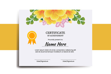 Certificate Template Yellow Hibiscus Flower watercolor Digital hand drawn