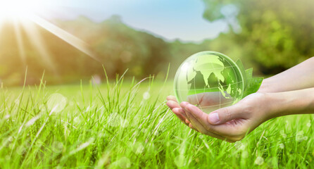 crystal ball in human hand There was green grass in the warm sunlight. represents the conservation of the environment