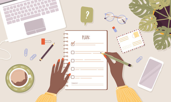 Month planning or checklist concept. African woman planning day or week. Task scheduling, work process organization and achievements of goals. Top-down view. Vector illustration in flat cartoon style.