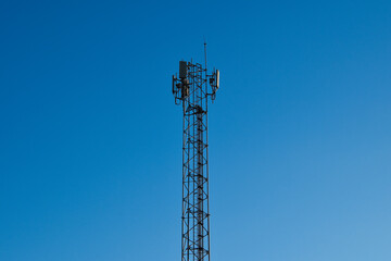 Telecommunication tower of 4G and 5G cellular. Antenna transmission communication. Cell phone signal base station.