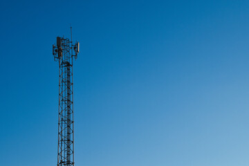 Telecommunication tower of 4G and 5G cellular. Antenna transmission communication. Cell phone signal base station.