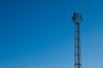 Telecommunication tower of 4G and 5G cellular. Antenna transmission communication. Cell phone signal base station.
