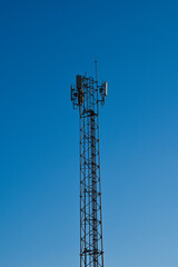 Telecommunication tower of 4G and 5G cellular. Antenna transmission communication. Cell phone signal base station.