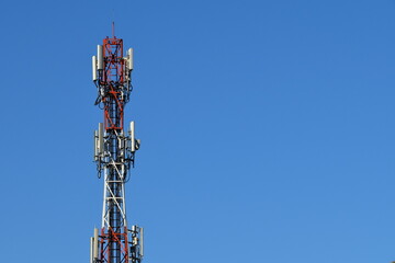 Telecommunication tower of 4G and 5G cellular. Antenna transmission communication. Cell phone signal base station.