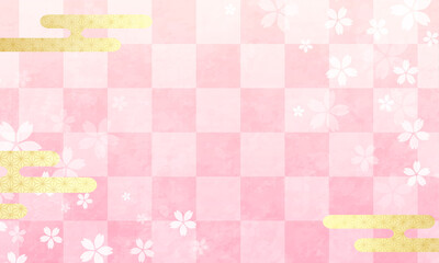 和柄の花と雲の和風なピンクのベクターイラスト背景(ひなまつり,花見,3月,4月)