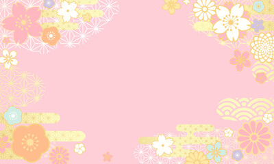 和柄の花と雲の和風なピンクのベクターイラスト背景(ひなまつり,花見,3月,4月)