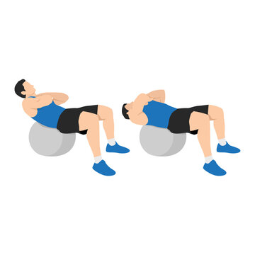 Man doing stability,swiss,exercise ball crunches exercise Flat vector isolated on white background