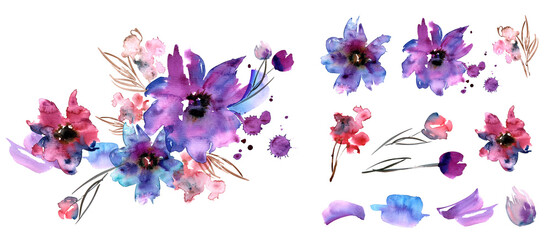 Obraz na płótnie Canvas Watercolor floral elements for design of greeting cards, invitations. High quality illustration
