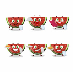 happy watermelon gummy candy waiter cartoon character holding a plate