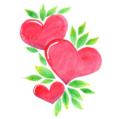 Red heart and green leaf bouquet watercolor illustration for decoration on Valentine's day and wedding events.