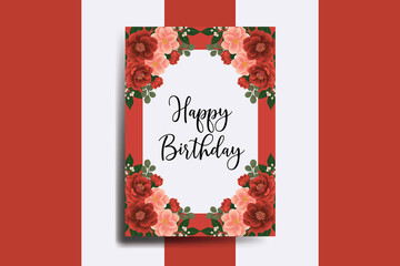 Greeting card birthday card Digital watercolor hand drawn Red Peony with Pink Camellia Flower Design Template