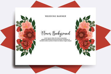 Wedding banner flower background, Digital watercolor hand drawn Red Peony with Pink Camellia Flower design Template