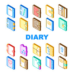 Diary Paper Stationery Accessory Icons Set Vector. Diary With Pen And Crocodile Skin Cover For Writing And Drawing, With Fingerprint Scanner And Password Lock Isometric Sign Color Illustrations