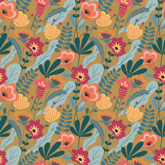 Multicolored wildflowers. Seamless background. Illustration for fabric, wallpaper, textile, gift wrapping.