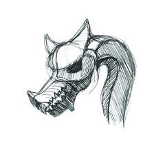 Dragon head sketch drawn with pen on white paper. Hand-drawn sloppy black-and-white concept drawing. Simple vector linear illustration.