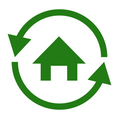 Rotating arrows and house icons. Green vector.