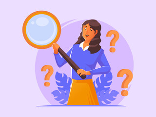 Woman holding giant magnifying glass or loupe search engine concept
