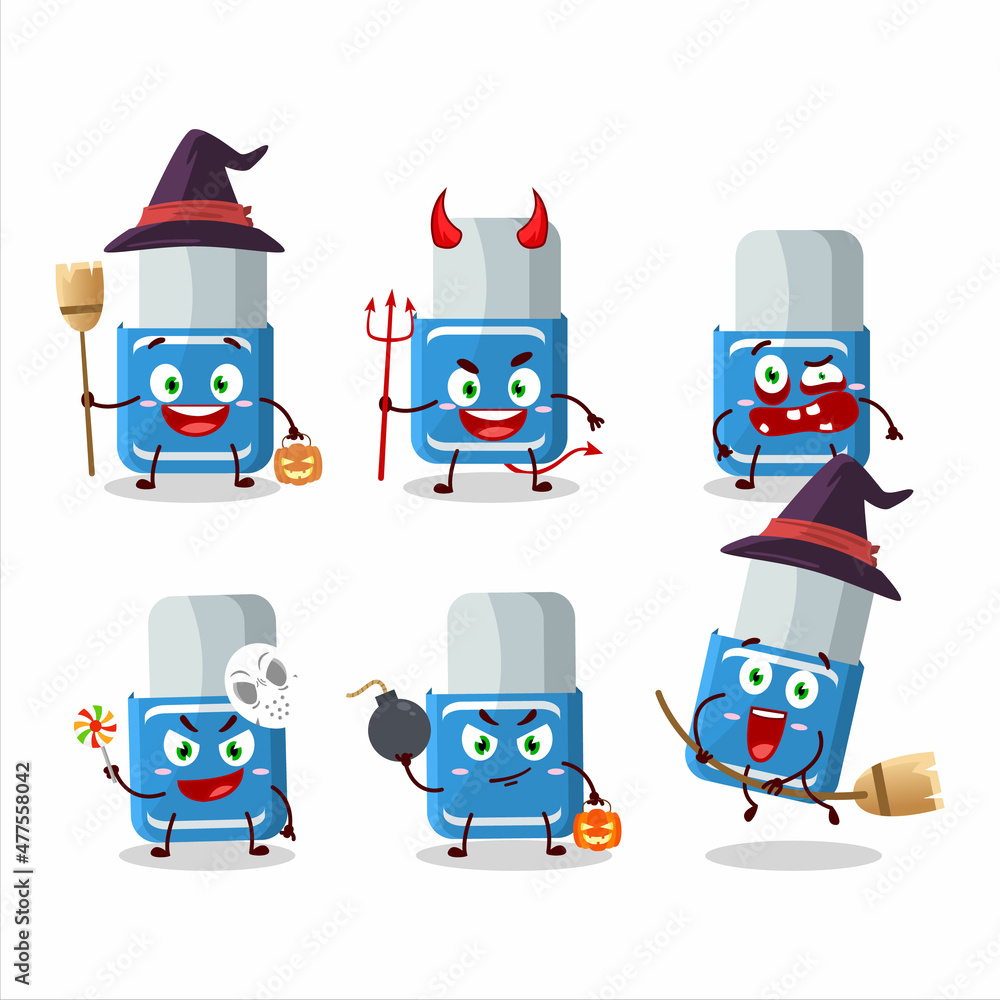 Sticker Halloween expression emoticons with cartoon character of blue eraser