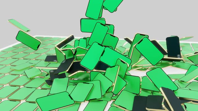 Falling down mobile phons with green screen, too many smartphone falling down