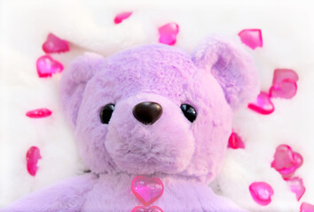 Cute teddy bear with hearts on white fluffy blanket. Valentines Day and love Concept