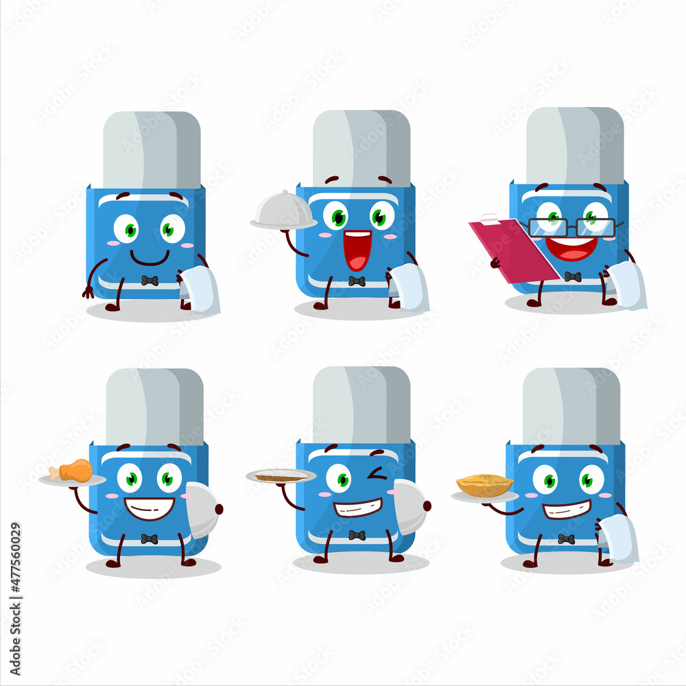 Sticker happy blue eraser waiter cartoon character holding a plate