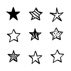 Set of 9 different hand drawn stars, rough handmade, black doodles isolated.