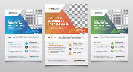 Corporate Flyer Template Clean Design, Creative Unique Business Leaflet Layout for Office, Company, Event, Marketing, and Multipurpose Use with Blue Yellow Orange and Green Gradient Color Accent - obrazy, fototapety, plakaty